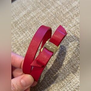 Salvatore Ferragamo Red Vara Double Wrap Leather Bracelet